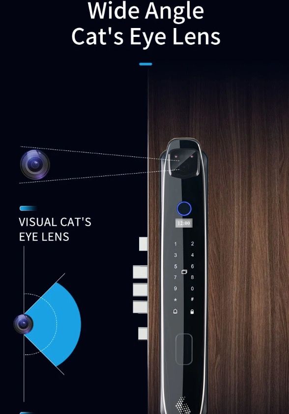Serratura porta intelligente 3D con riconoscimento facciale, telecamera di sicurezza e monitor, impronta digitale intelligente – sistema di sicurezza domestico moderno.