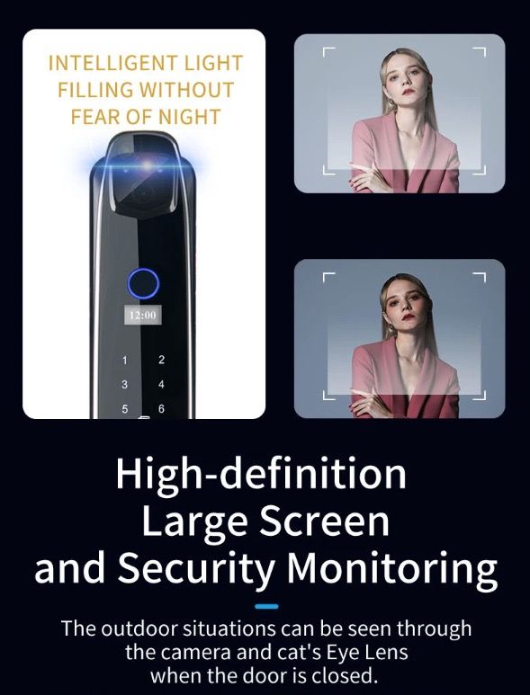 Serratura porta intelligente 3D con riconoscimento facciale, telecamera di sicurezza e monitor, impronta digitale intelligente – sistema di sicurezza domestico moderno.
