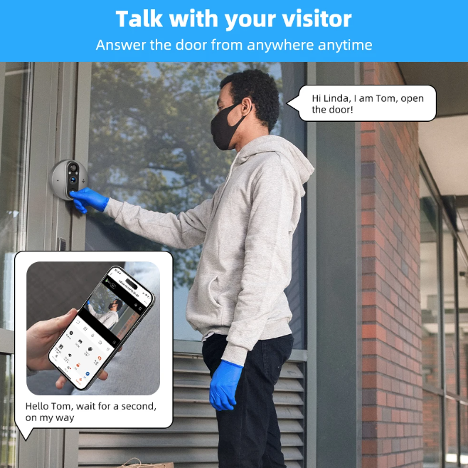 Telecamera per spioncino Tuya Smart 1080P WiFi con rilevamento movimento in tempo reale e angolo di 120 gradi per la sicurezza domestica.