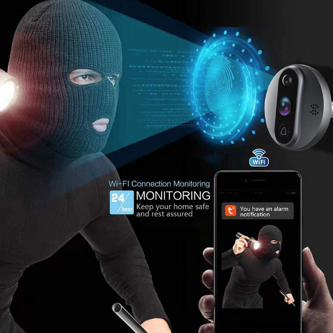 Telecamera per spioncino Tuya Smart 1080P WiFi con rilevamento movimento in tempo reale e angolo di 120 gradi per la sicurezza domestica.