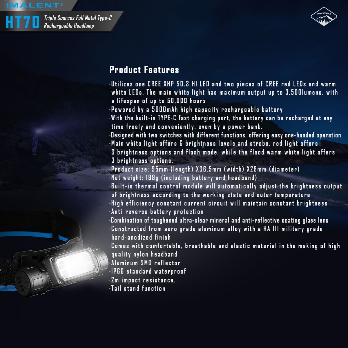 Fronteale IMALENT HT70 con tre sorgenti luminose, 3500 lumen, ricaricabile, design ergonomico per avventure all'aperto.