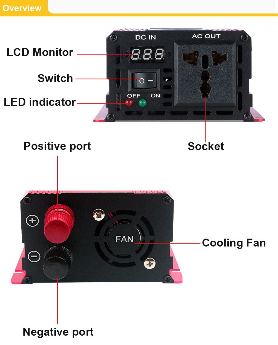 Inverter a onda sinusoidale pura 3000W 2200W 1600W 1000W Design durevole in alluminio-magnesio Alta efficienza Potenza per campeggio