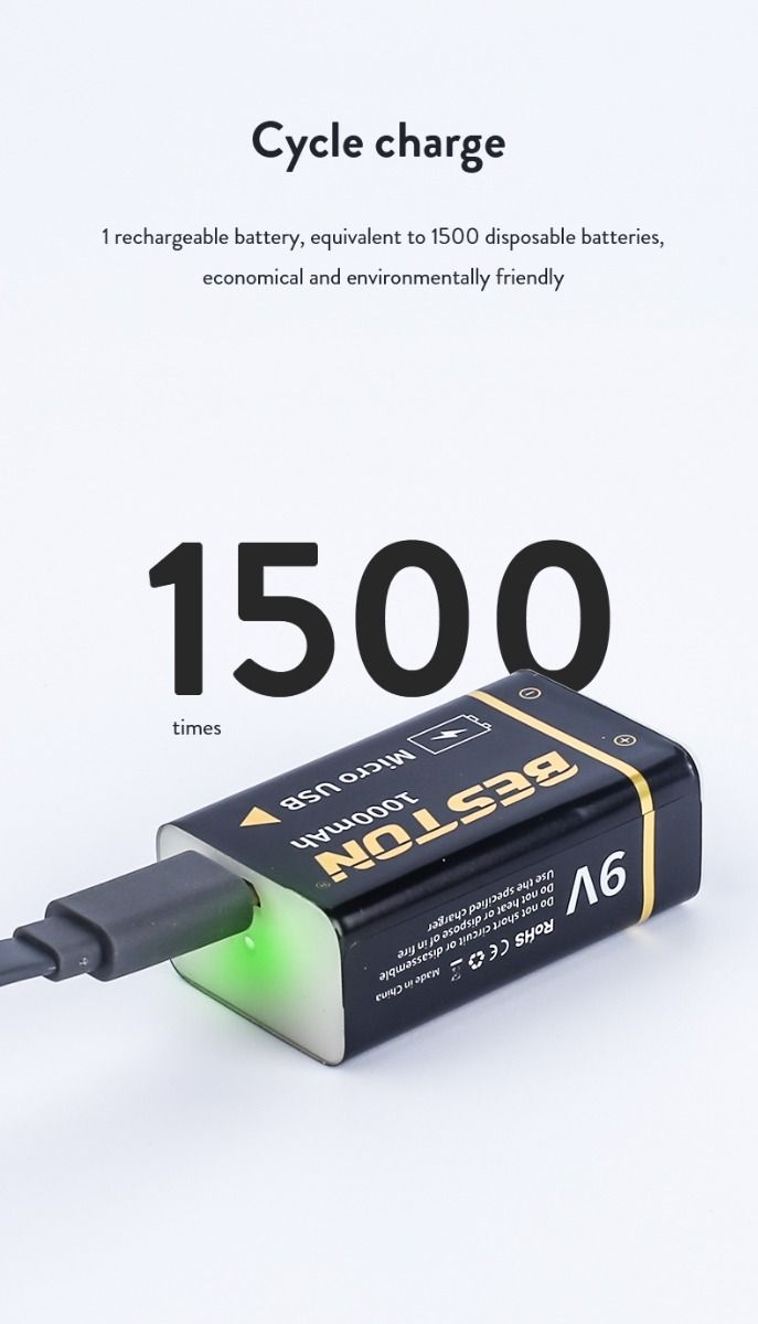 Beston 9V 1000mAh Batteria Ricaricabile con Micro USB, Alimentazione Ecologica per Elicotteri RC, Microfoni e Giocattoli