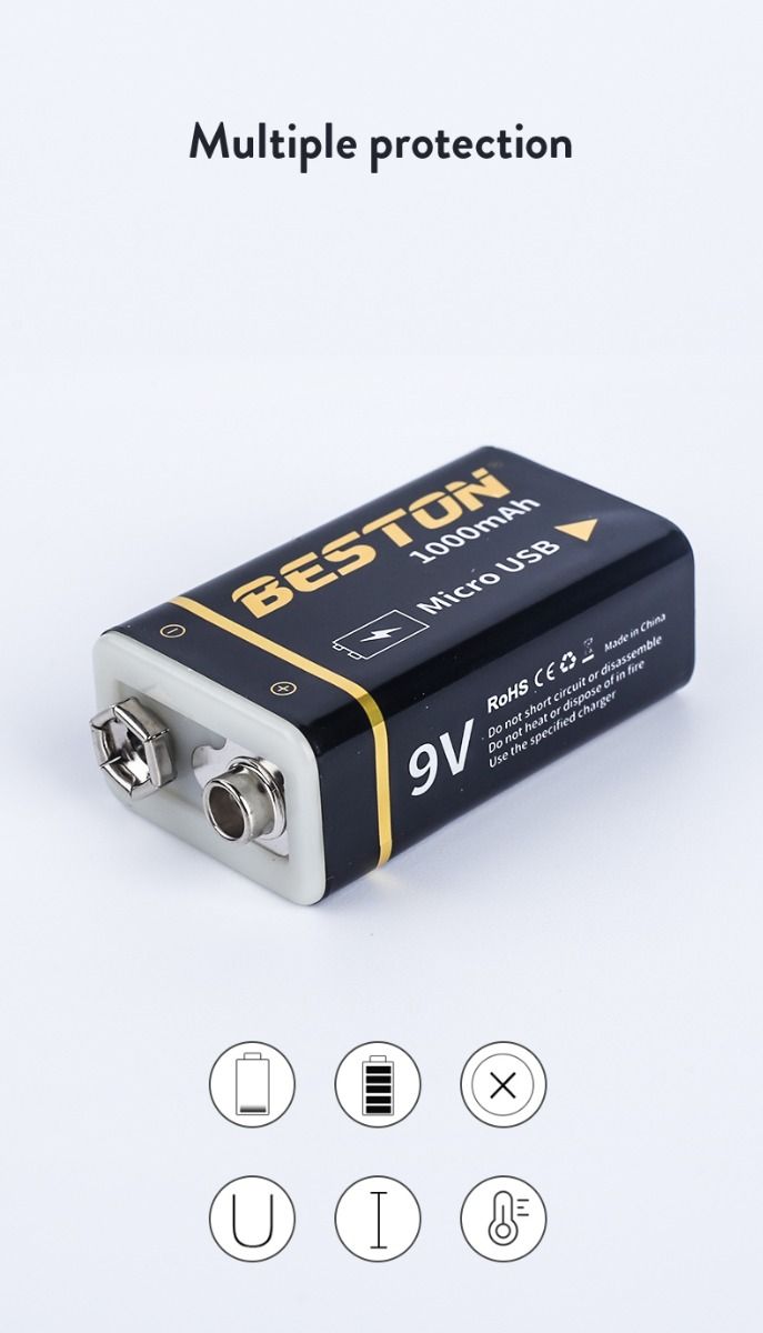 Beston 9V 1000mAh Batteria Ricaricabile con Micro USB, Alimentazione Ecologica per Elicotteri RC, Microfoni e Giocattoli