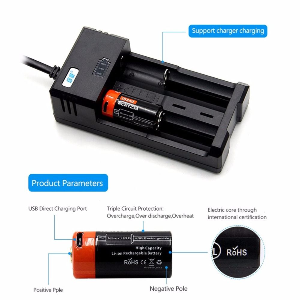 16340 650mAh 3.7V Micro USB Ricaricabile Batteria Li-ion Ecologica di Lunga Durata per Torce e Attrezzatura
