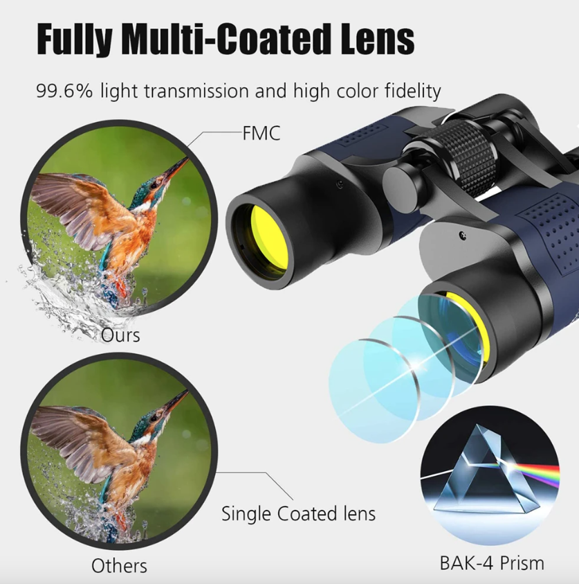 Binocolo 60x60 BAK4 Potente Telescopio Ottico HD per Birdwatching Escursioni Sport Attrezzatura Portatile da Avventura