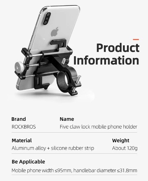 ROCKBROS Supporto per telefono da moto resistente, versatile accessorio per bici in lega di alluminio CNC con cinque artigli per un fissaggio sicuro