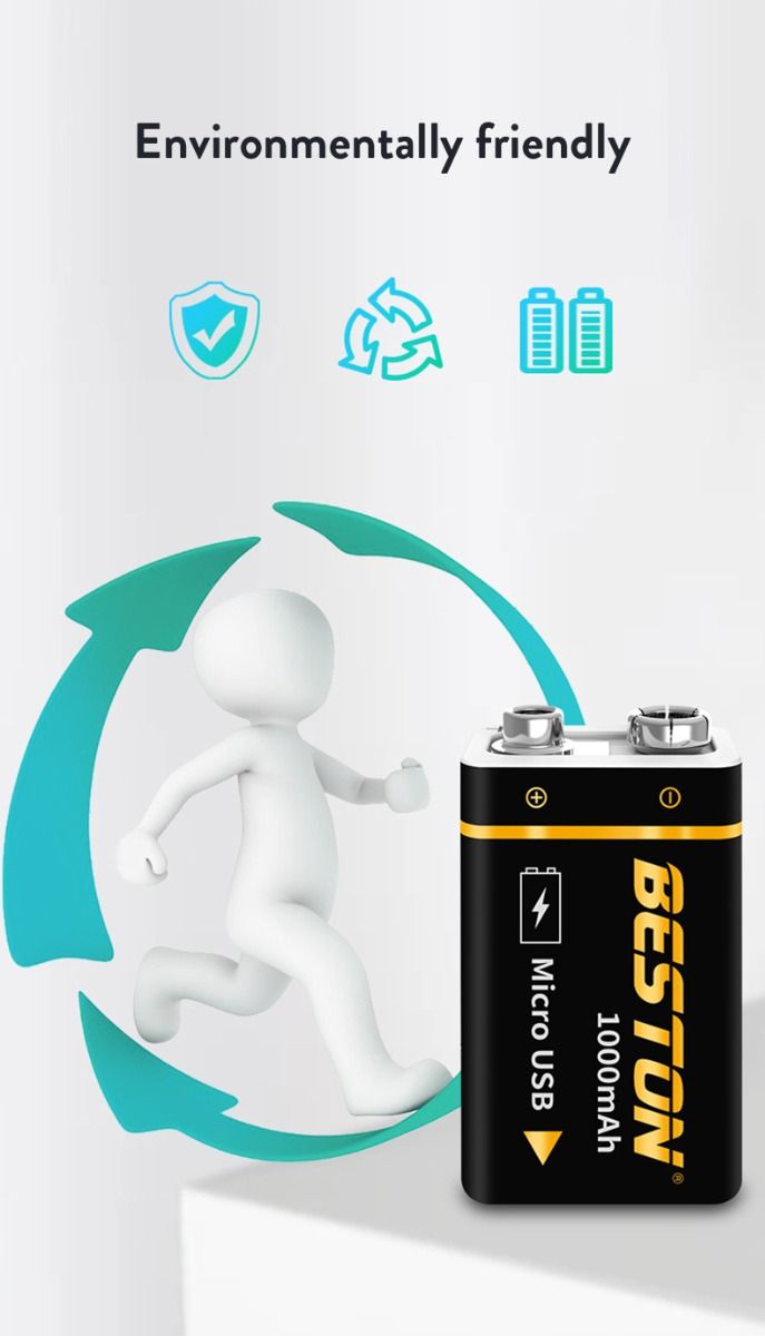 Beston 9V 1000mAh Batteria Ricaricabile con Micro USB, Alimentazione Ecologica per Elicotteri RC, Microfoni e Giocattoli