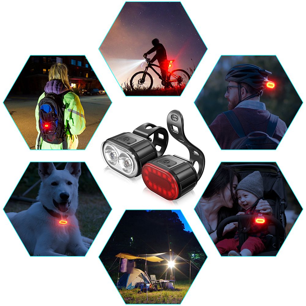 Set luci per bicicletta ricaricabili USB, impermeabili, LED, visibilità urbana in bicicletta, faro anteriore leggero e luce posteriore rossa