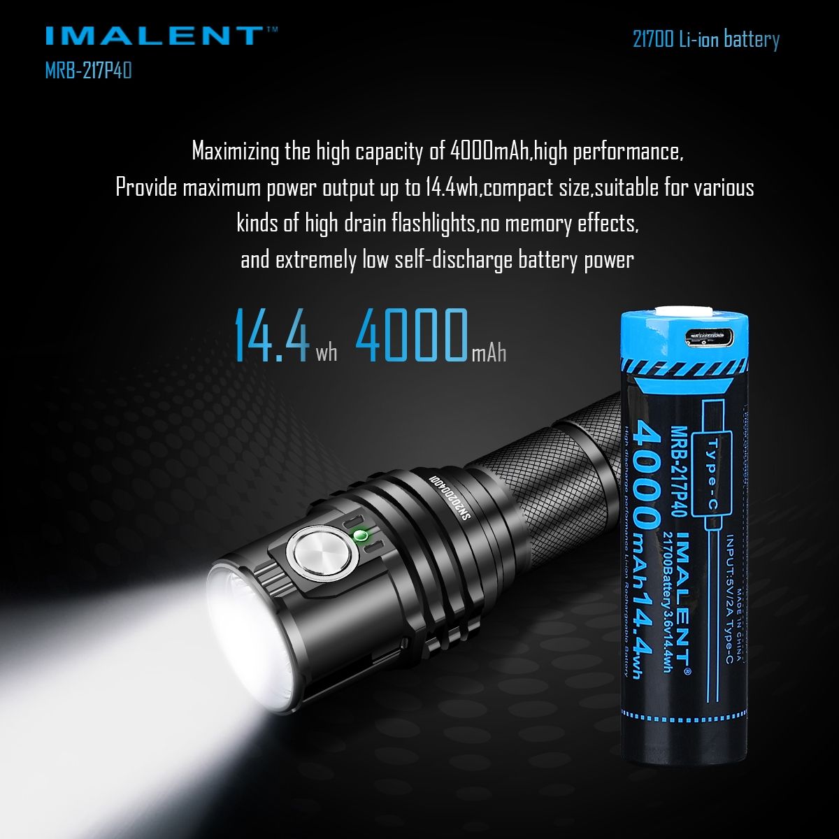 Batteria IMALENT MRB-217P40 21700 4000mAh Ricaricabile Tipo-C ad Alta Capacità per Torce e Gadget