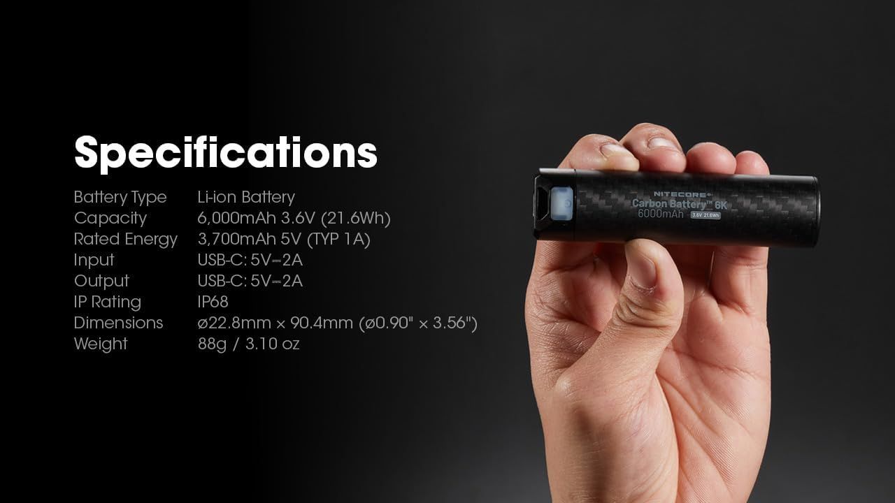 Nitecore Carbon Battery 6K USB-C Ricaricabile Leggero Power Bank Impermeabile da 6000mAh