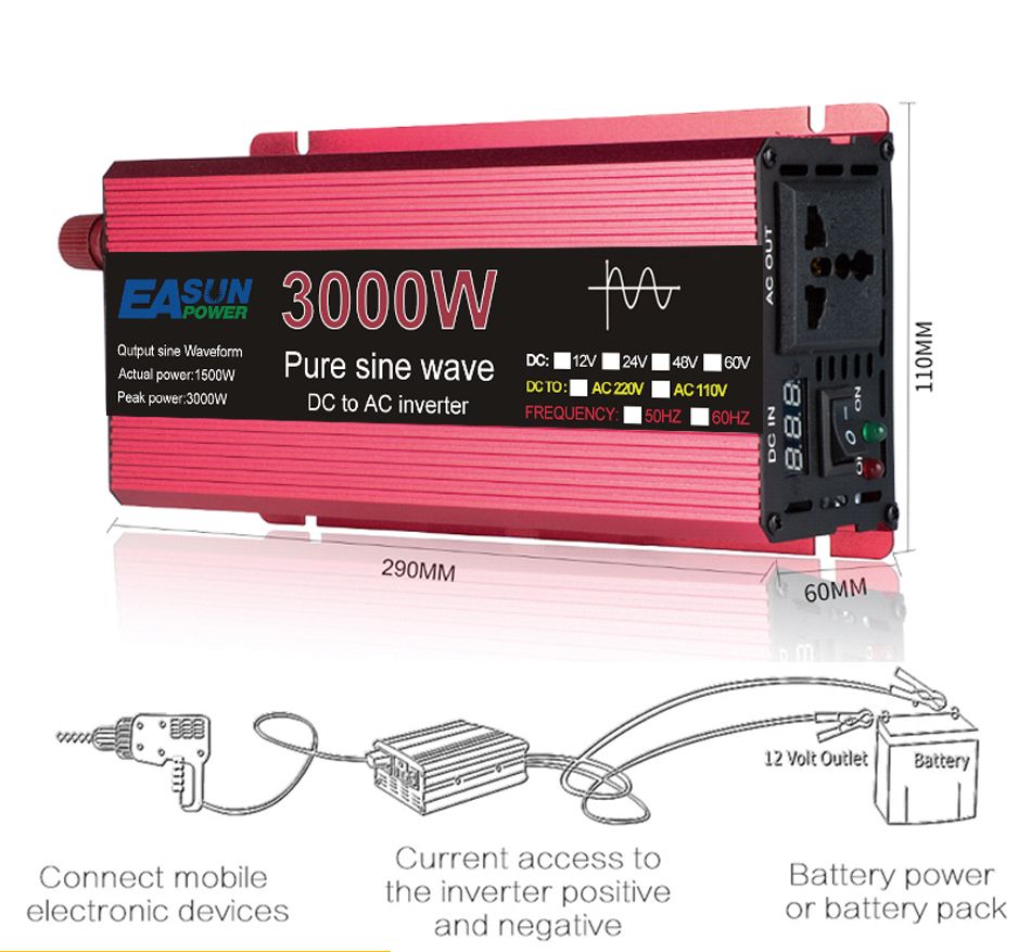 Inverter a onda sinusoidale pura 3000W 2200W 1600W 1000W Design durevole in alluminio-magnesio Alta efficienza Potenza per campeggio