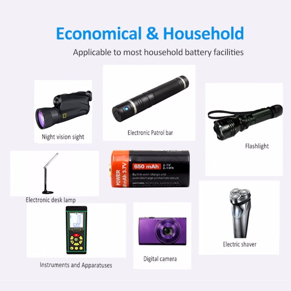 16340 650mAh 3.7V Micro USB Ricaricabile Batteria Li-ion Ecologica di Lunga Durata per Torce e Attrezzatura