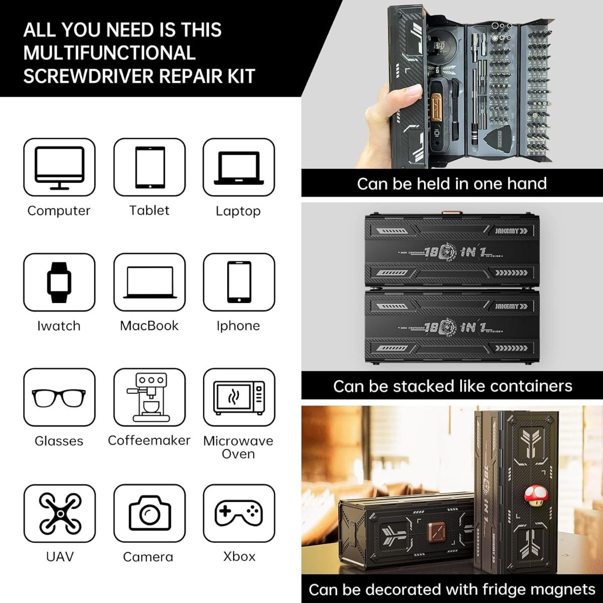 Set di cacciaviti di precisione con 21 tipi di 160 punte magnetiche, kit di riparazione professionale per laptop con punte multiple JAKEMY per la maggior parte dei dispositivi elettronici, orologi, Xbox, console, occhiali e campanelli.
