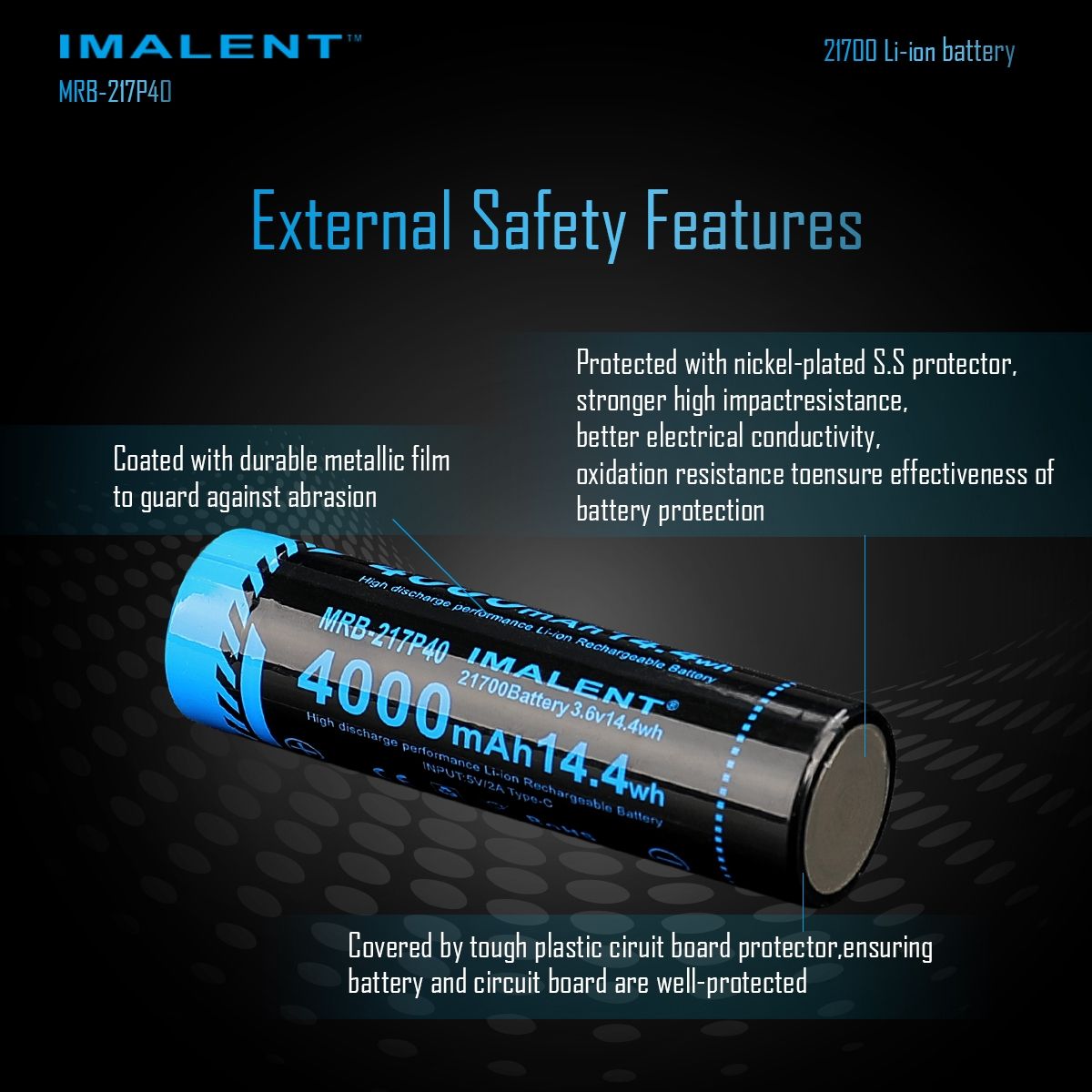 Batteria IMALENT MRB-217P40 21700 4000mAh Ricaricabile Tipo-C ad Alta Capacità per Torce e Gadget