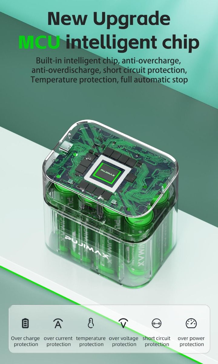 Caricabatterie 8 slot con scomparto intelligente a flip top e porta tipo-C per batterie al litio AA 3400mWh soluzione di ricarica efficiente per ricarica simultanea e ad alta capacità