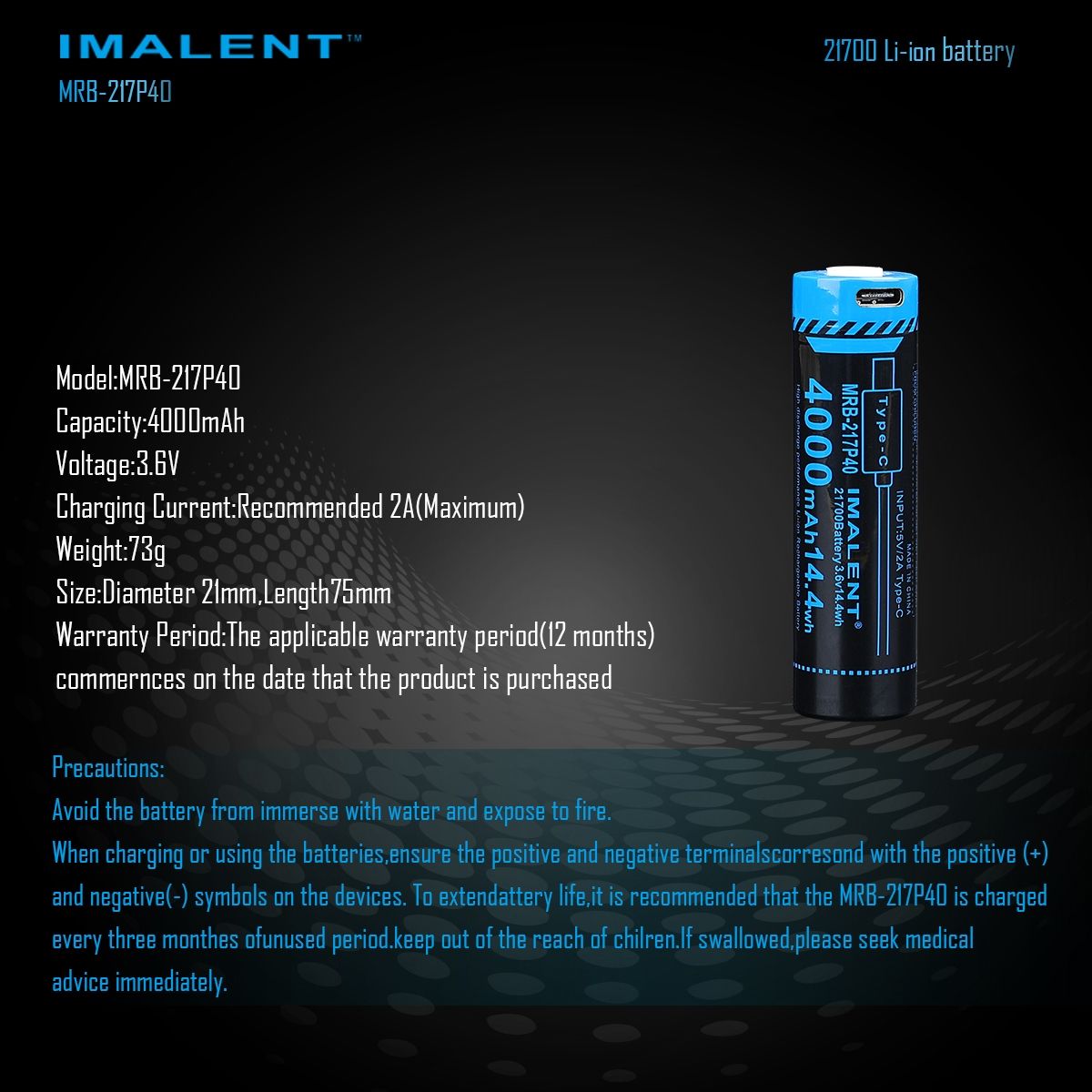 Batteria IMALENT MRB-217P40 21700 4000mAh Ricaricabile Tipo-C ad Alta Capacità per Torce e Gadget