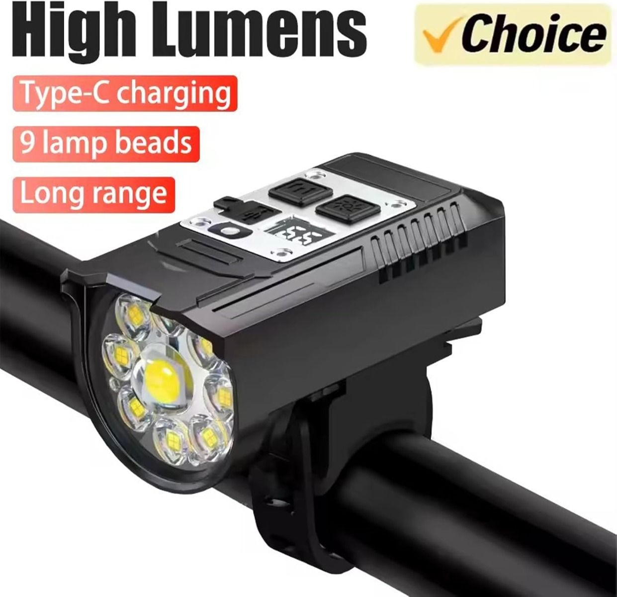 Faro Bicicletta 9 LED, Luce Anteriore Potente Ricaricabile Type-C Impermeabile per Sicurezza Ciclismo Notturno