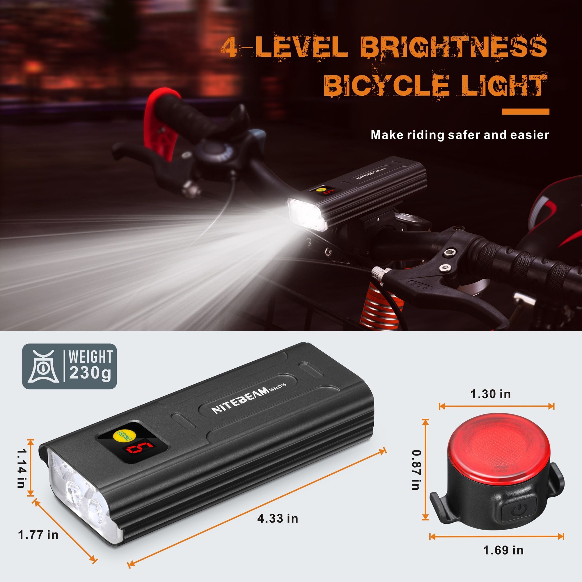 NiteBeam BR05 Luci da Bici 5000 Lumen Ricaricabili tramite USB Attrezzatura Essenziale per la Sicurezza in Bicicletta con Funzionalità Power Bank