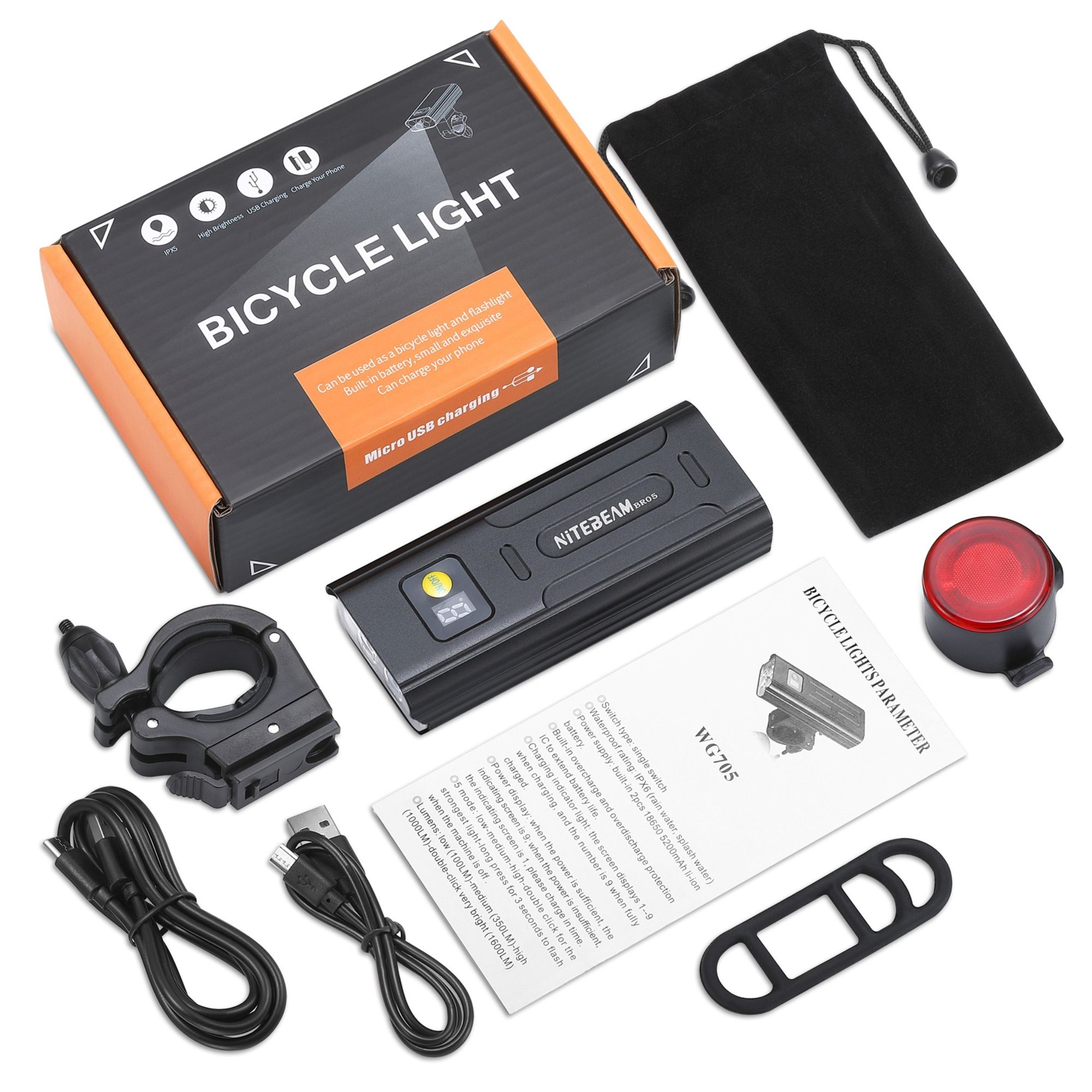 NiteBeam BR05 Luci da Bici 5000 Lumen Ricaricabili tramite USB Attrezzatura Essenziale per la Sicurezza in Bicicletta con Funzionalità Power Bank