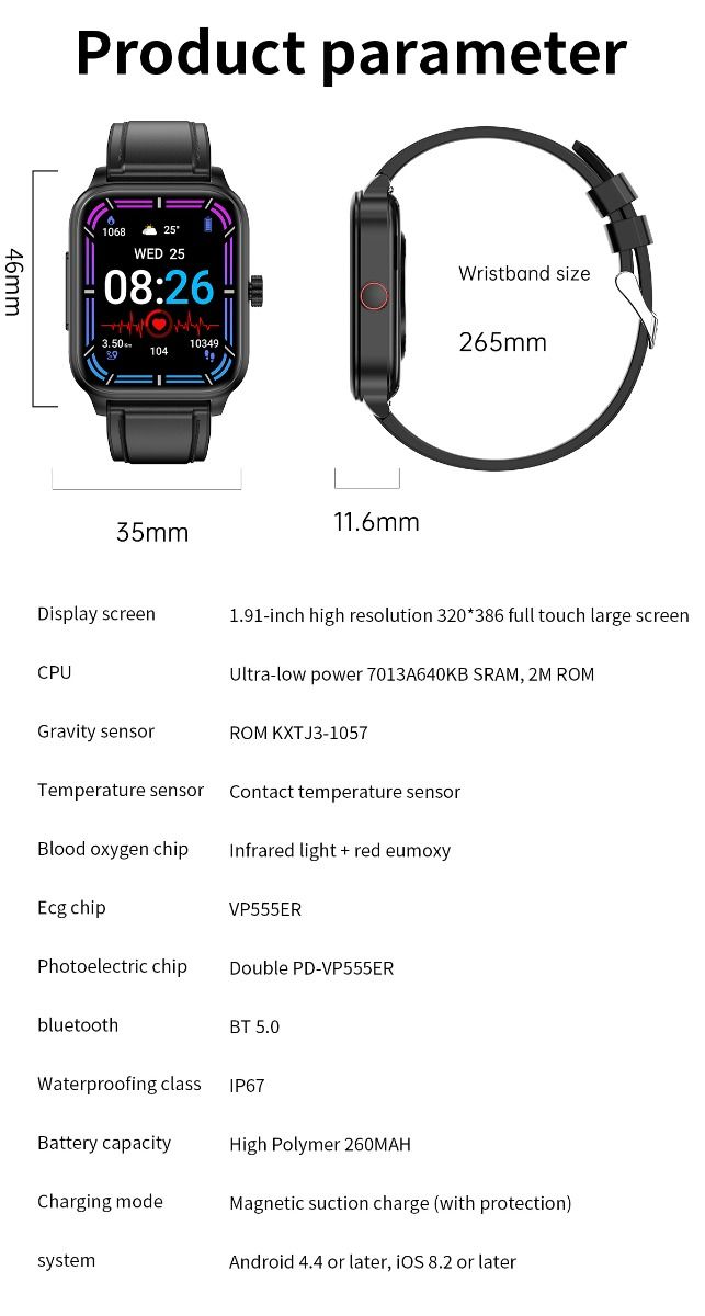 ET540 Glicemia ECG Temperatura corporea Pressione sanguigna Ossigeno nel sangue Frequenza cardiaca Chiamate Bluetooth Smartwatch Fitness Tracker