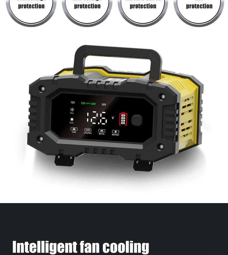 FOXSUR Caricabatterie per auto portatile 12V 24V Caricabatterie versatile per AGM LiFePO4 Acido al piombo Moto e Camion