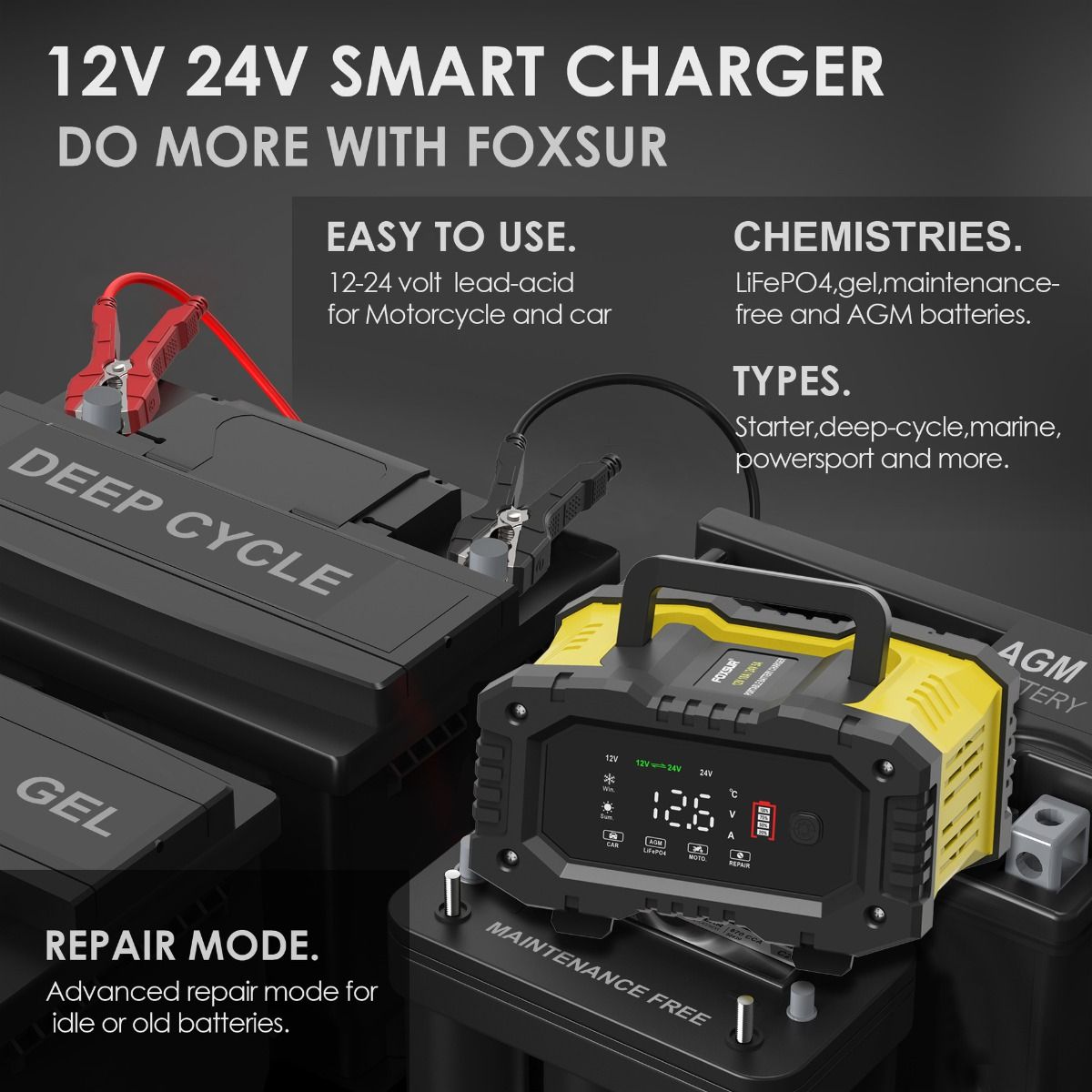 FOXSUR Caricabatterie per auto portatile 12V 24V Caricabatterie versatile per AGM LiFePO4 Acido al piombo Moto e Camion
