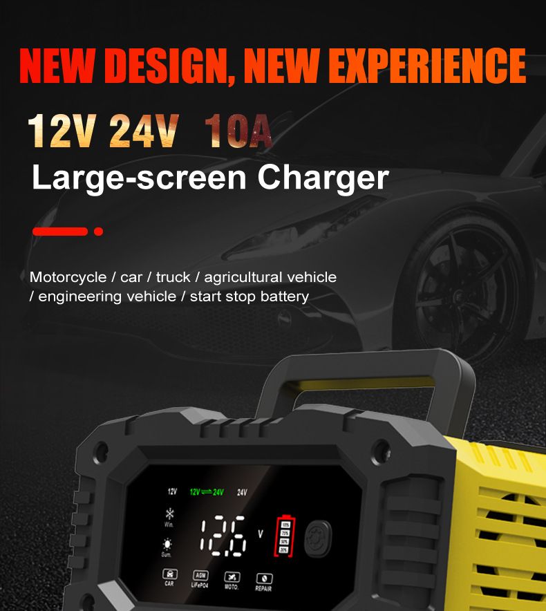 FOXSUR Caricabatterie per auto portatile 12V 24V Caricabatterie versatile per AGM LiFePO4 Acido al piombo Moto e Camion
