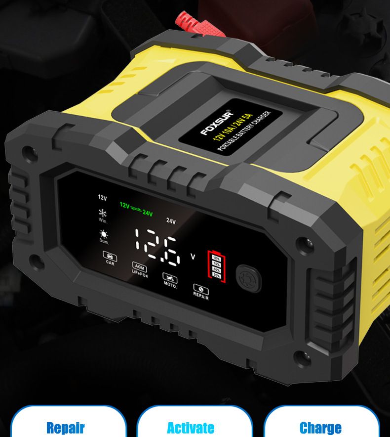 FOXSUR Caricabatterie per auto portatile 12V 24V Caricabatterie versatile per AGM LiFePO4 Acido al piombo Moto e Camion