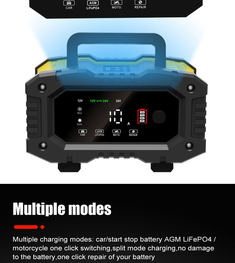 FOXSUR Caricabatterie per auto portatile 12V 24V Caricabatterie versatile per AGM LiFePO4 Acido al piombo Moto e Camion