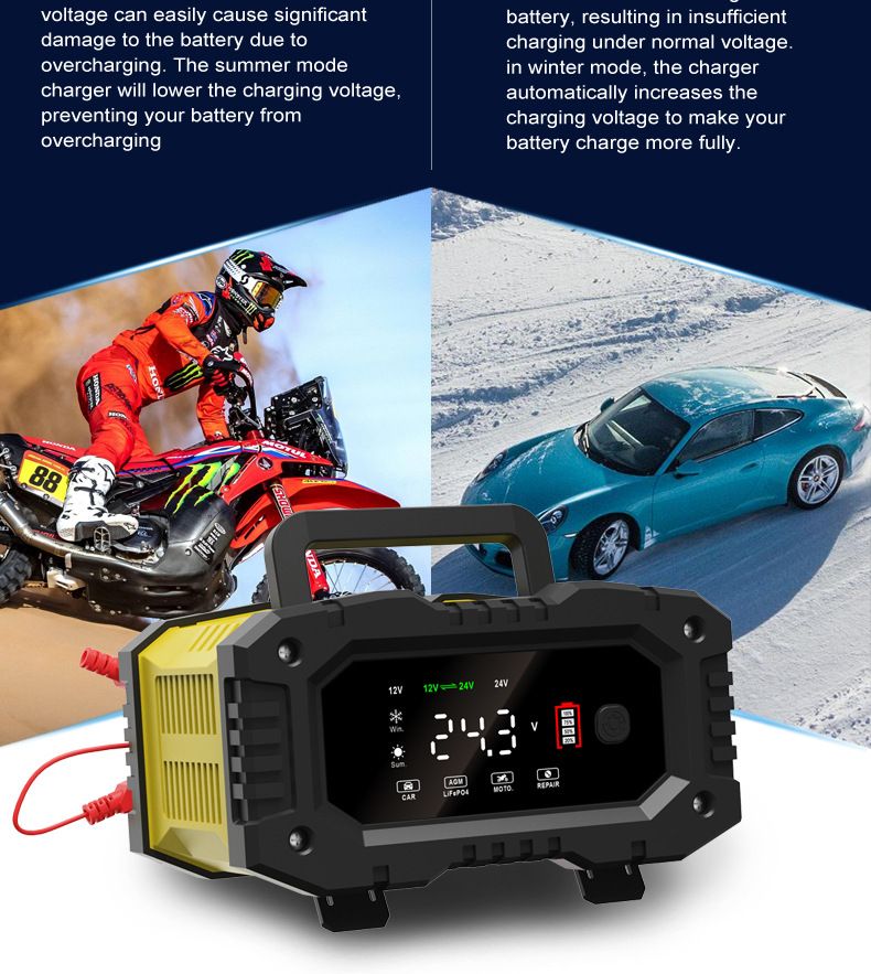 FOXSUR Caricabatterie per auto portatile 12V 24V Caricabatterie versatile per AGM LiFePO4 Acido al piombo Moto e Camion