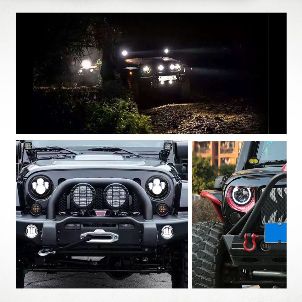 Faro LED per moto da 7 pollici per Jeep Wrangler Lada Niva 4x4, con luce gialla e bianca brillante, occhio d'angelo, design resistente alle intemperie.