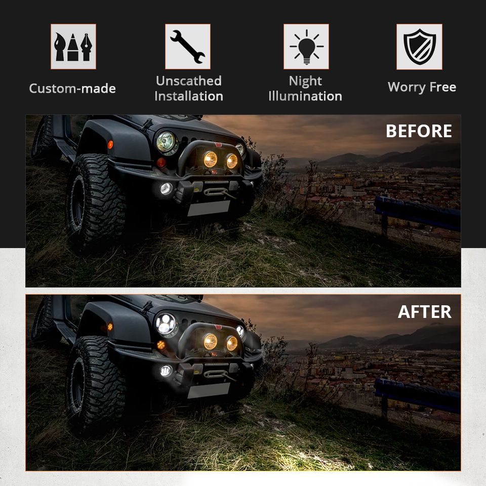 Faro LED per moto da 7 pollici per Jeep Wrangler Lada Niva 4x4, con luce gialla e bianca brillante, occhio d'angelo, design resistente alle intemperie.