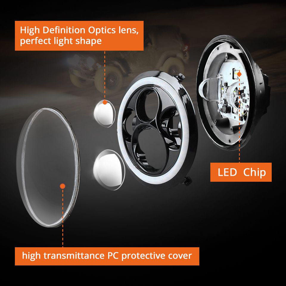 Faro LED per moto da 7 pollici per Jeep Wrangler Lada Niva 4x4, con luce gialla e bianca brillante, occhio d'angelo, design resistente alle intemperie.