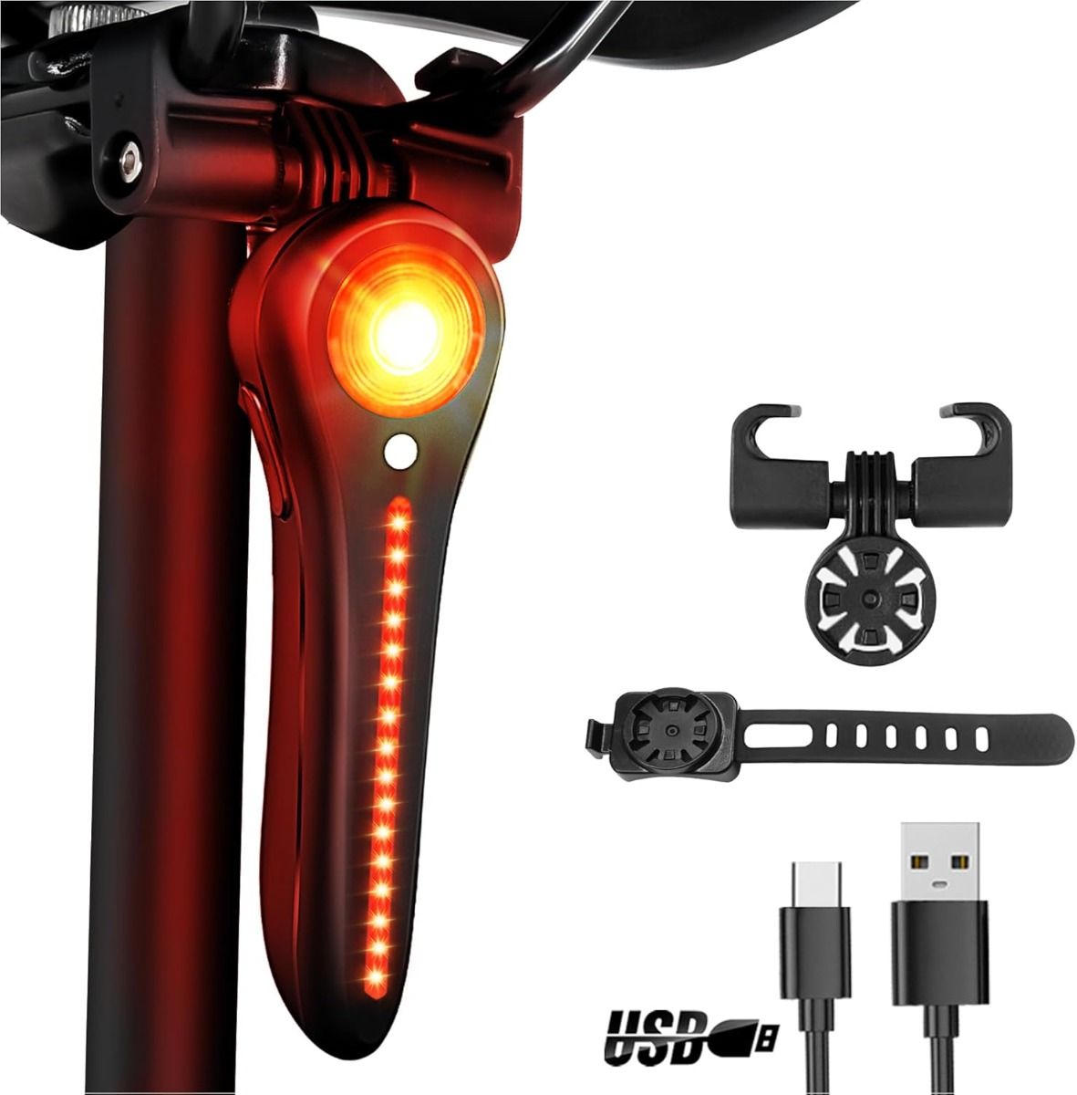 Luce posteriore per bici intelligente ricaricabile USB-C, luce posteriore super luminosa per bici da strada e montagna, luce posteriore per ciclismo.
