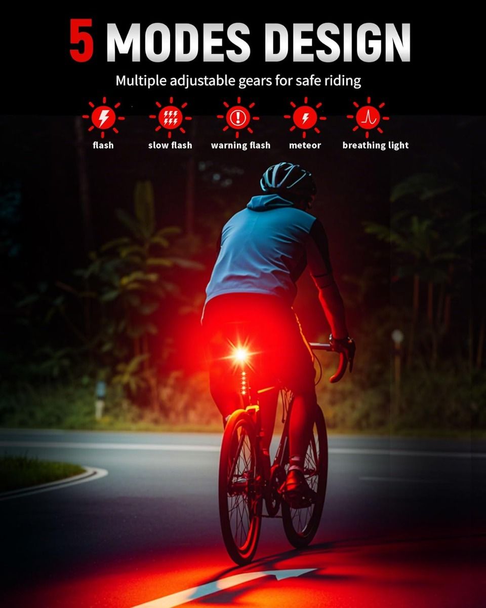 Luce posteriore per bici intelligente ricaricabile USB-C, luce posteriore super luminosa per bici da strada e montagna, luce posteriore per ciclismo.