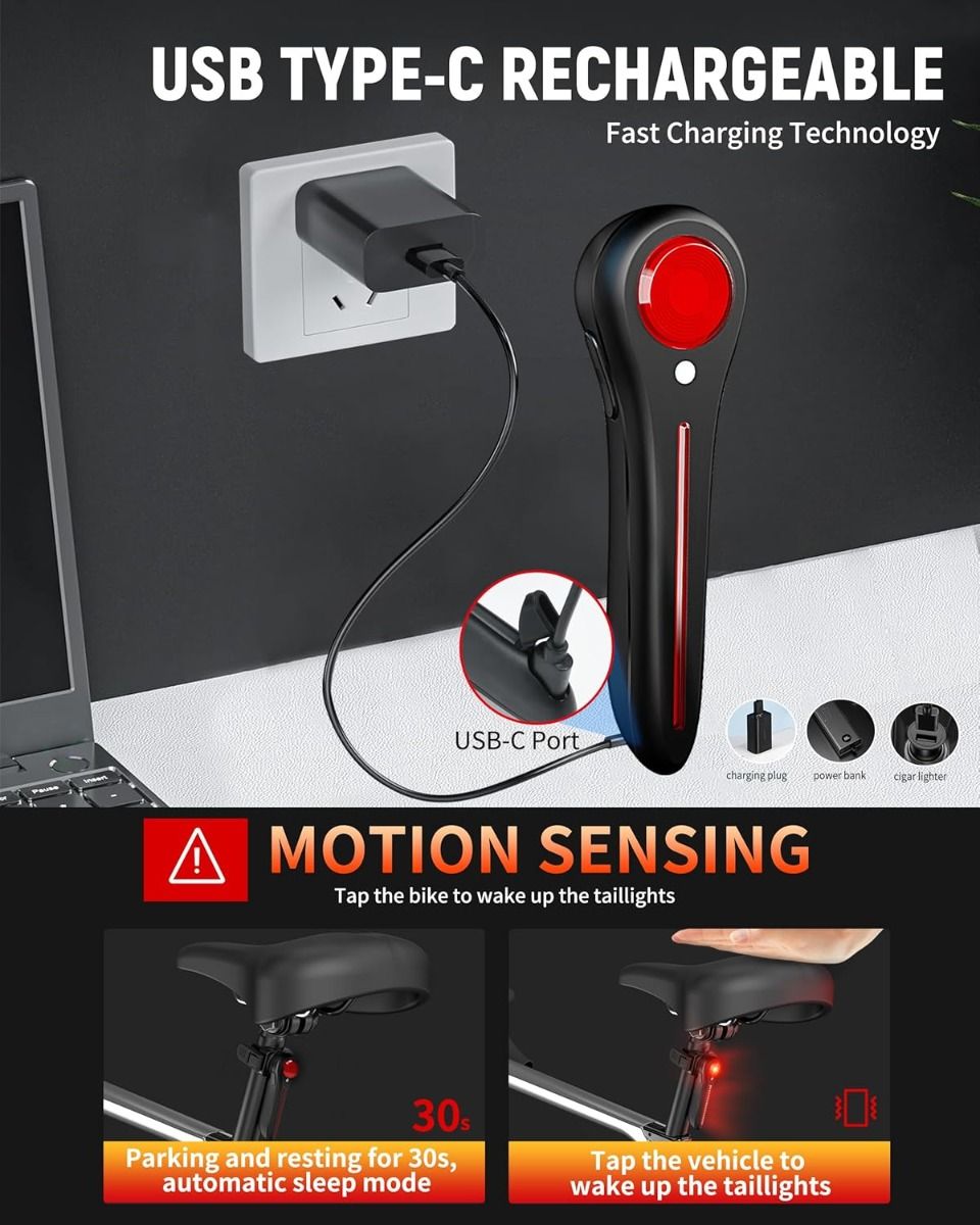 Luce posteriore per bici intelligente ricaricabile USB-C, luce posteriore super luminosa per bici da strada e montagna, luce posteriore per ciclismo.