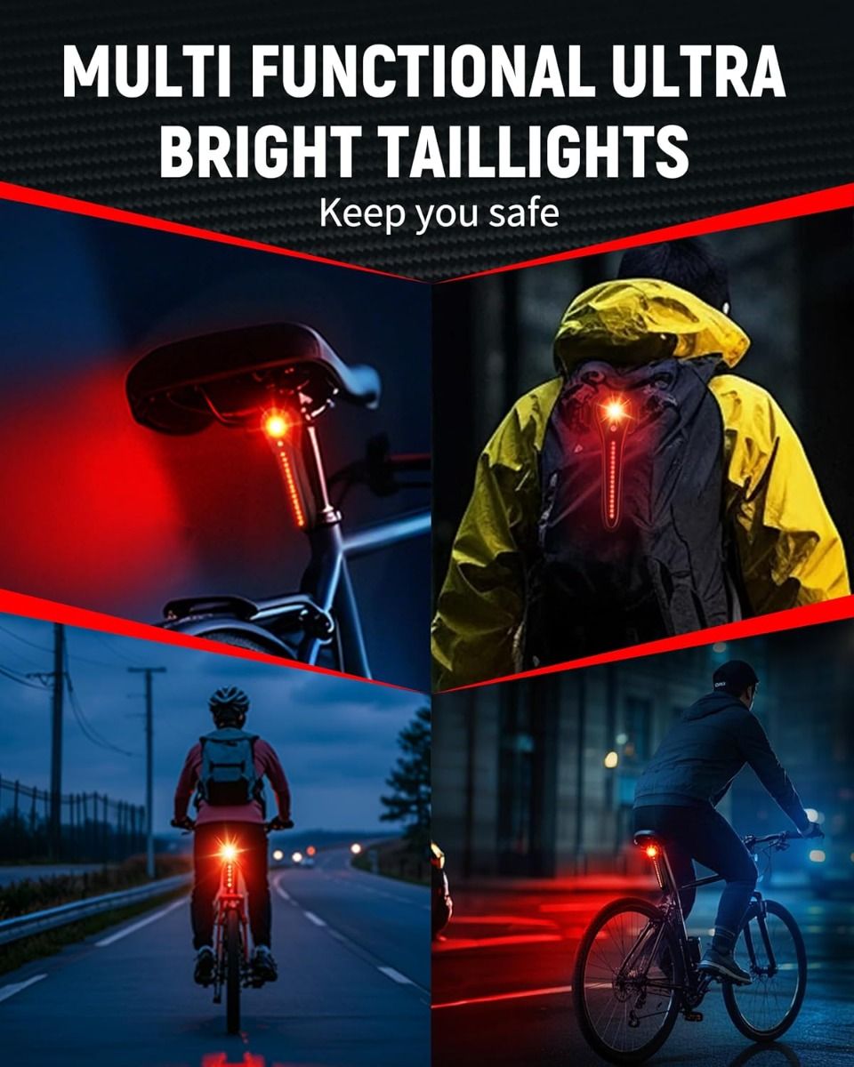 Luce posteriore per bici intelligente ricaricabile USB-C, luce posteriore super luminosa per bici da strada e montagna, luce posteriore per ciclismo.