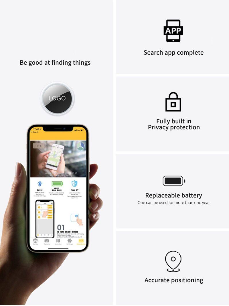 Mini GPS Tracker Bluetooth 4.0 Smart Locator Anti Smarrimento Design Compatto e Leggero Localizzazione in Tempo Reale Sicurezza Personale App iSearching Connettività Bluetooth