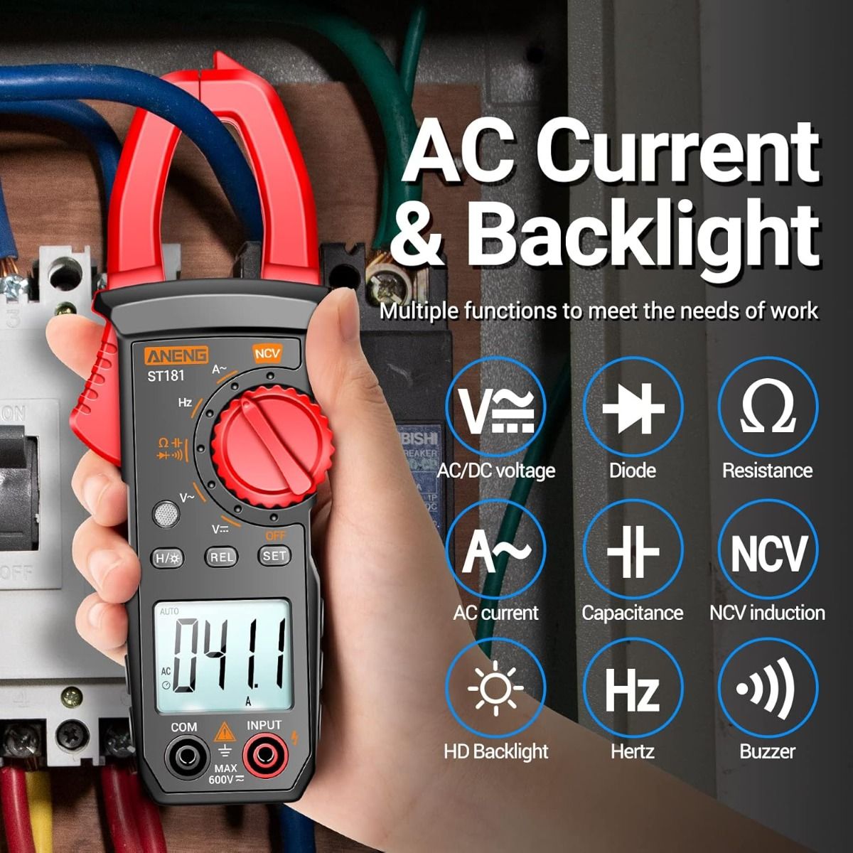 ANENG ST180 Pinza Amperometrica Digitale Multimetro Tester 4000 Conteggi con NCV Amp Ohm Volt Misura Corrente AC, Tensione AC/DC, Capacità, Resistenza, Diodi, Continuità, Frequenza, Retroilluminazione, Strumenti per Elettricisti