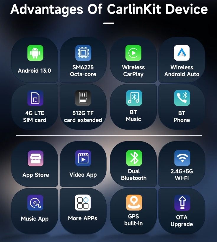CarlinKit Smart TV Box con Android 13 da Cablato a Wireless CarPlay Ai Box YouTube Netflix Qualcomm 8-Cores