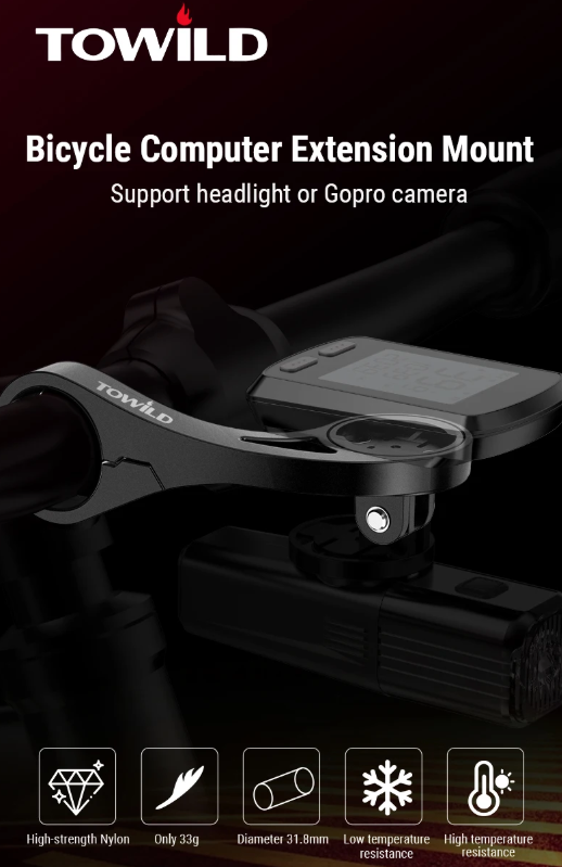 TOWILD AS90 Staffa estesa per manubrio bicicletta, supporto per faro bici, supporto per computer, supporto per lanterna e lampada, rack in fibra