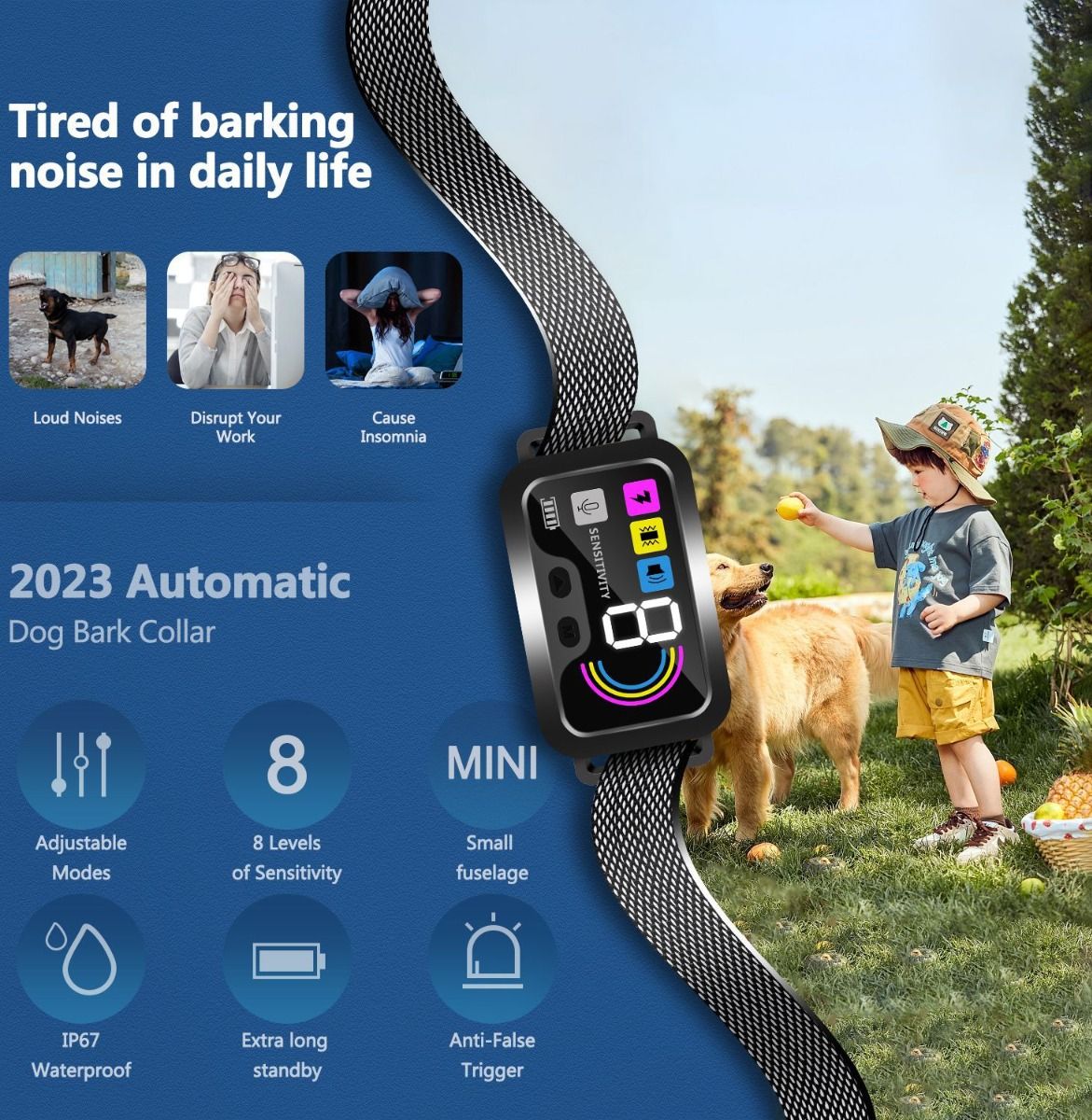 Collare intelligente automatico anti-abbaiare per cani con modalità di addestramento regolabili, design impermeabile e tecnologia di rilevamento dell'abbaiare