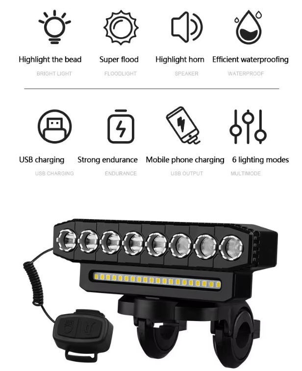 Luce anteriore per bicicletta ricaricabile via USB con clacson da ciclismo da 120dB e design impermeabile per pendolari urbani e ciclisti.