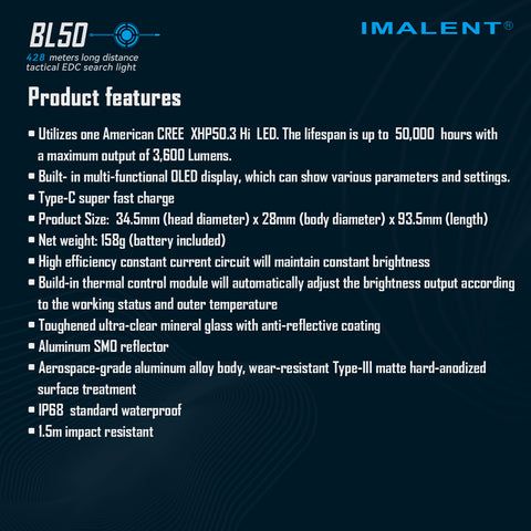 IMALENT BL50 3600 Lumen Torcia EDC Compatta Ricaricabile tramite Type-C con display OLED per avventure all'aperto