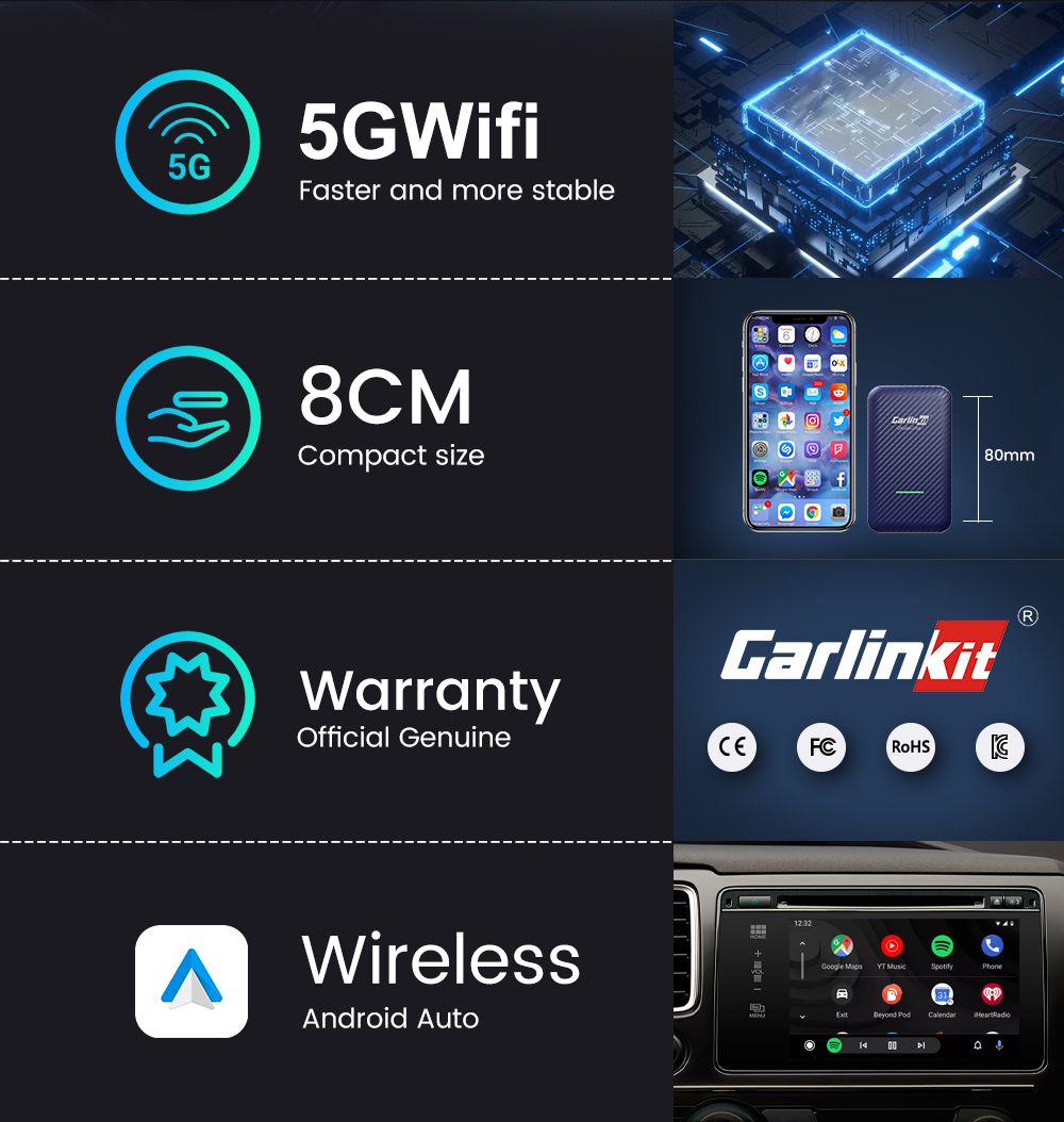 CarlinKit 4.0 Wireless CarPlay Box Adattatore Compatto per Auto con Aggiornamento CarPlay di Fabbrica Controllo al Volante Plug and Play per Audi VW Porsche e Kia