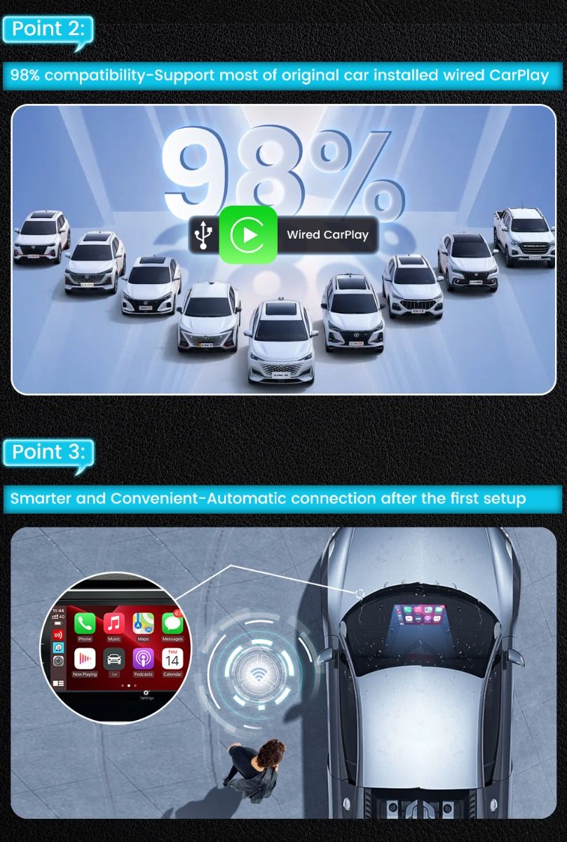 CarlinKit 4.0 Wireless CarPlay Box Adattatore Compatto per Auto con Aggiornamento CarPlay di Fabbrica Controllo al Volante Plug and Play per Audi VW Porsche e Kia