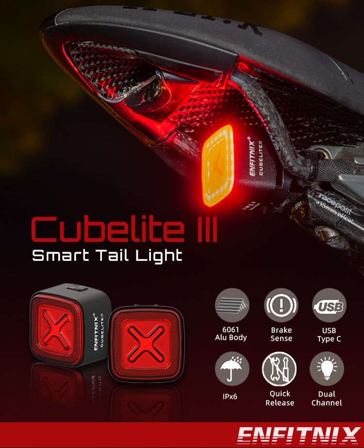 Enfitnix Cubelite III Luce Posteriore Intelligente Ultra Luminosa Luce Posteriore per Bicicletta Ricarica USB Sicurezza Ciclismo 30 Lumen