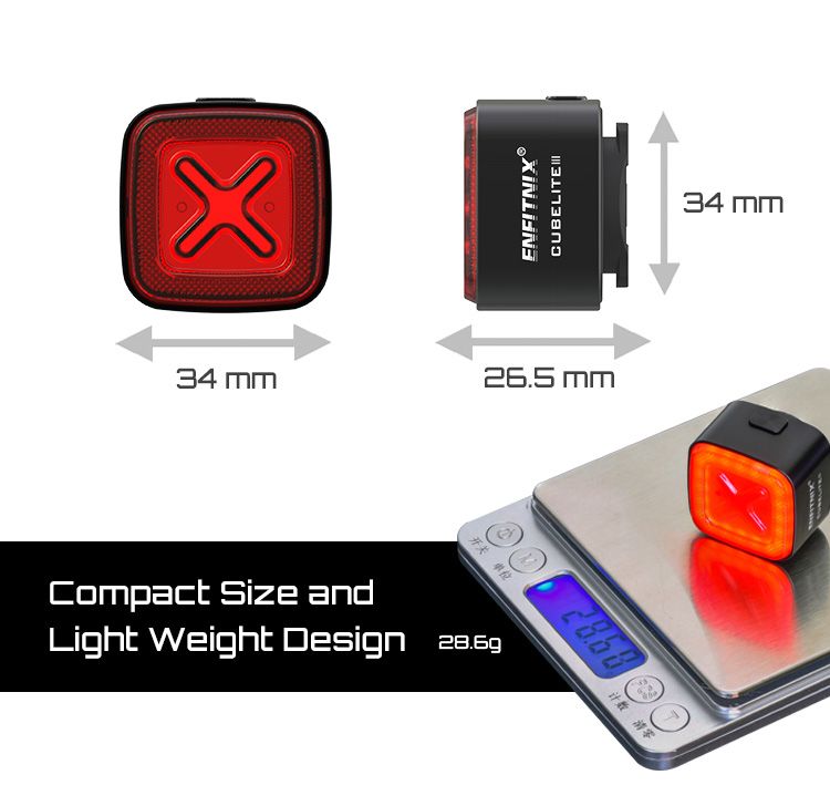 Enfitnix Cubelite III Luce Posteriore Intelligente Ultra Luminosa Luce Posteriore per Bicicletta Ricarica USB Sicurezza Ciclismo 30 Lumen