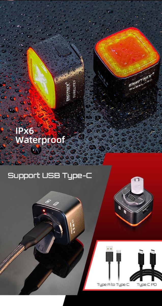 Enfitnix Cubelite III Luce Posteriore Intelligente Ultra Luminosa Luce Posteriore per Bicicletta Ricarica USB Sicurezza Ciclismo 30 Lumen